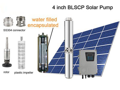 4" DC Solar Water Pump, Submersible Solar Pump (Encapsulated Submersible Motor, Plastic Impeller), BLSCP 
