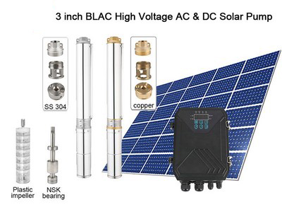 3" Submersible Solar Pump, AC110V/DC150V, Plastic Impeller, BLAC