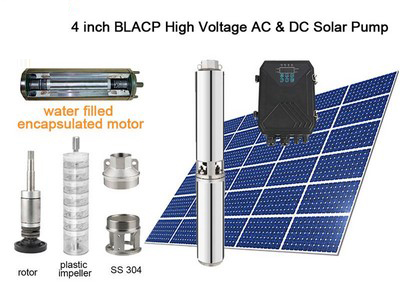 4" Submersible Solar Pump, AC110V/DC150V, Water Filled Encapsulated Motor, Plastic Impeller, BLACP